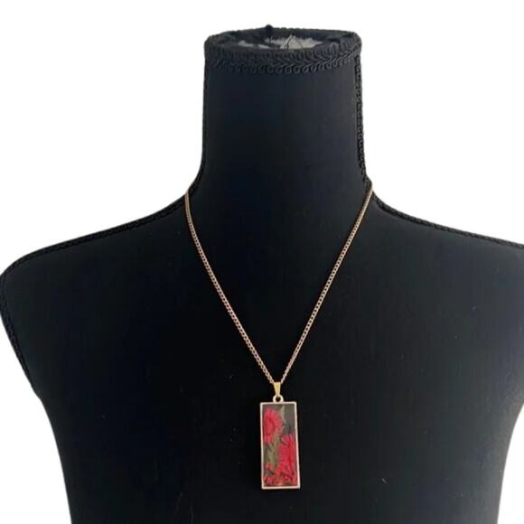 Resin Necklace with Red and Green Florals - Picture 1 of 7